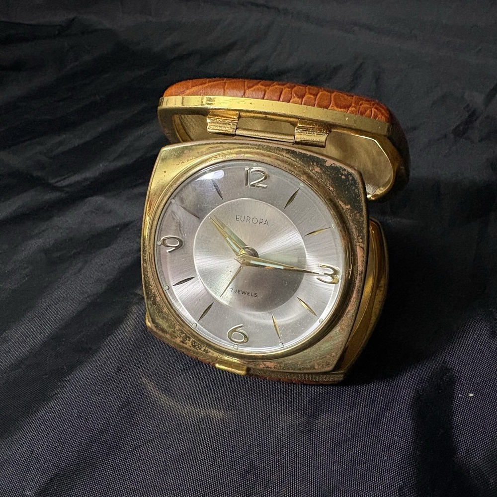 Vintage gold-toned Europa Travel Alarm Clock 7 Jewels Yellow Case